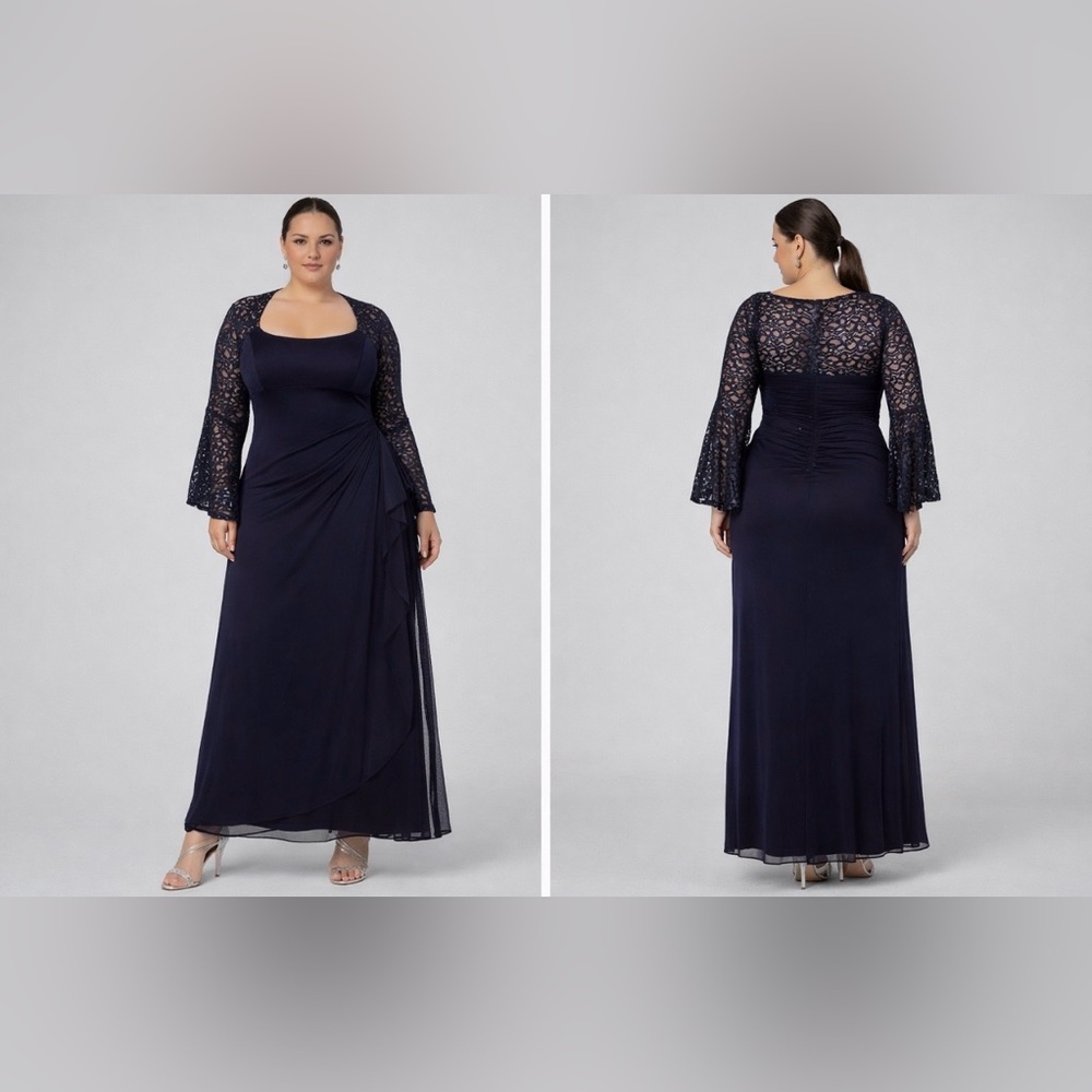 Xscape Dress Blue 16 Long Sequin Sleeves Wedding Cruise Formal Party New Years